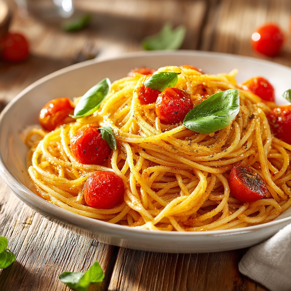 Spaghetti mit Tomaten und Basilikum