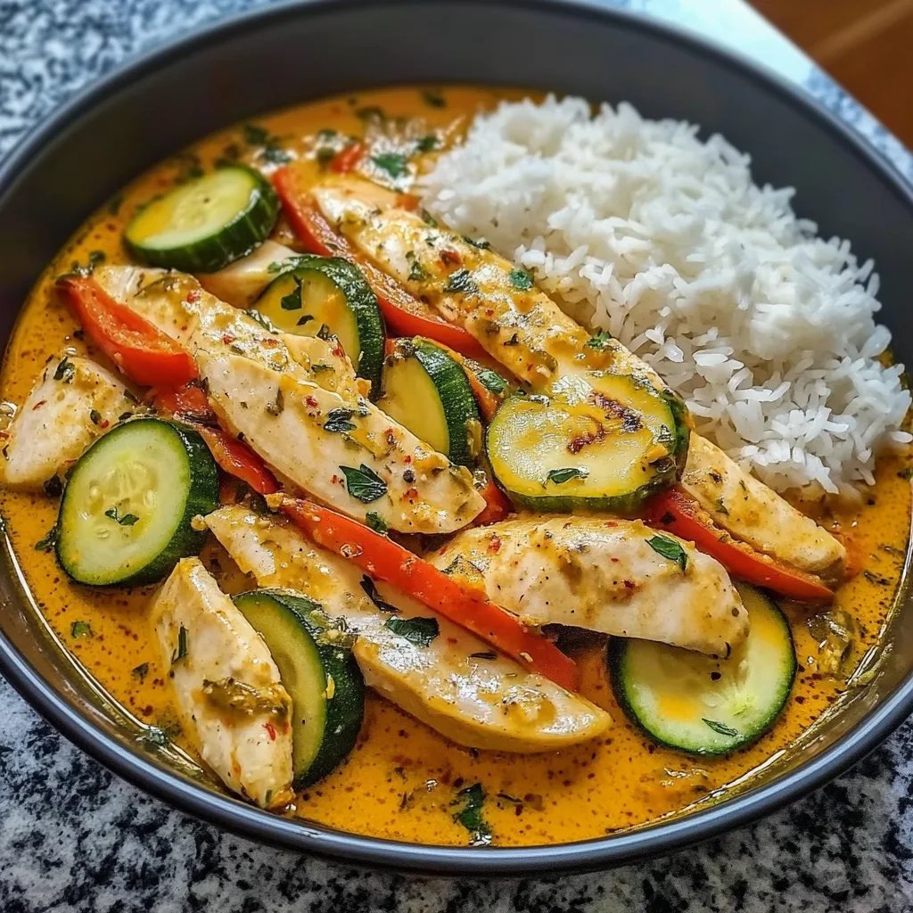 Cremiges Paprika-Zucchini-Hähnchen mit Jasminreis